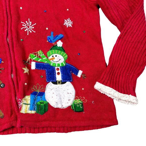 Vintage Christmas Snowman Zip Up Cardigan Sweater Red XL - Picture 3 of 6